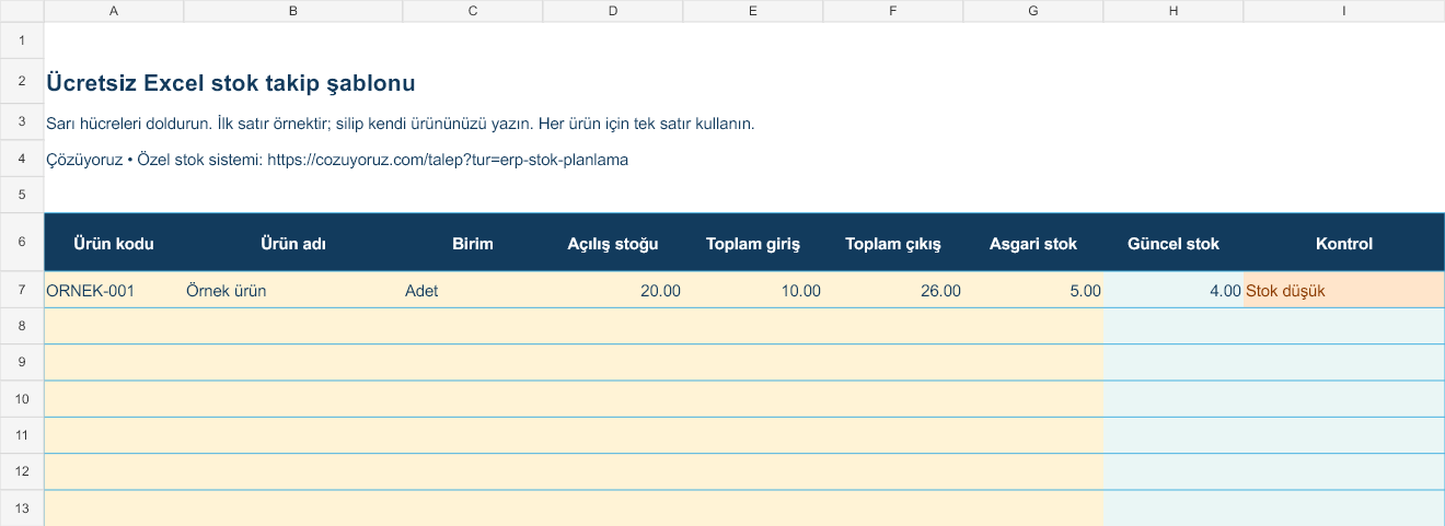 Ücretsiz Excel Stok Takip Şablonu: düzenlenebilir sarı giriş alanları ve otomatik hesaplanan örnek sonuçlar